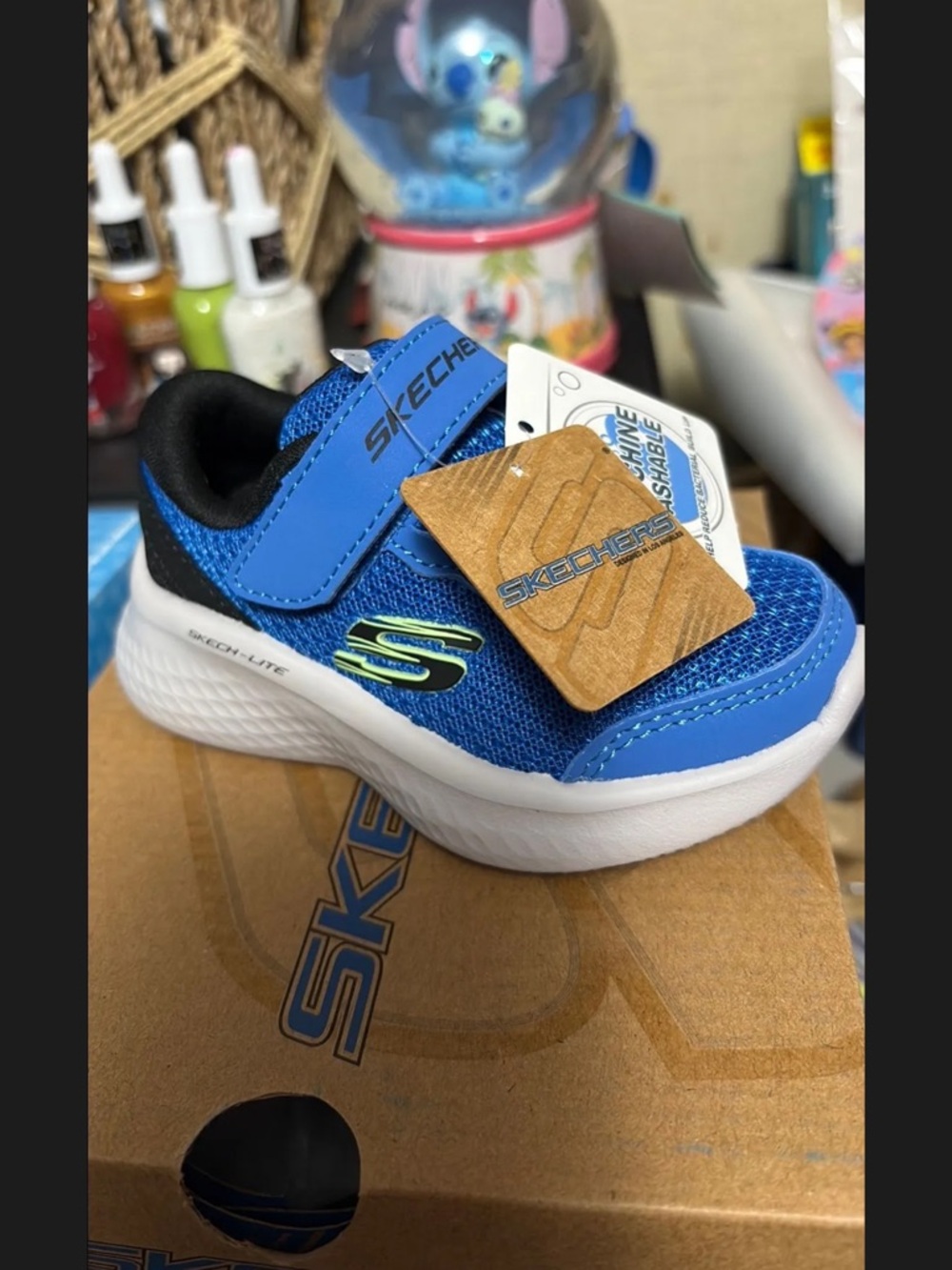 Skechers Boys Blue Mesh Hook-and-Loop Sneaker with Neon Accent